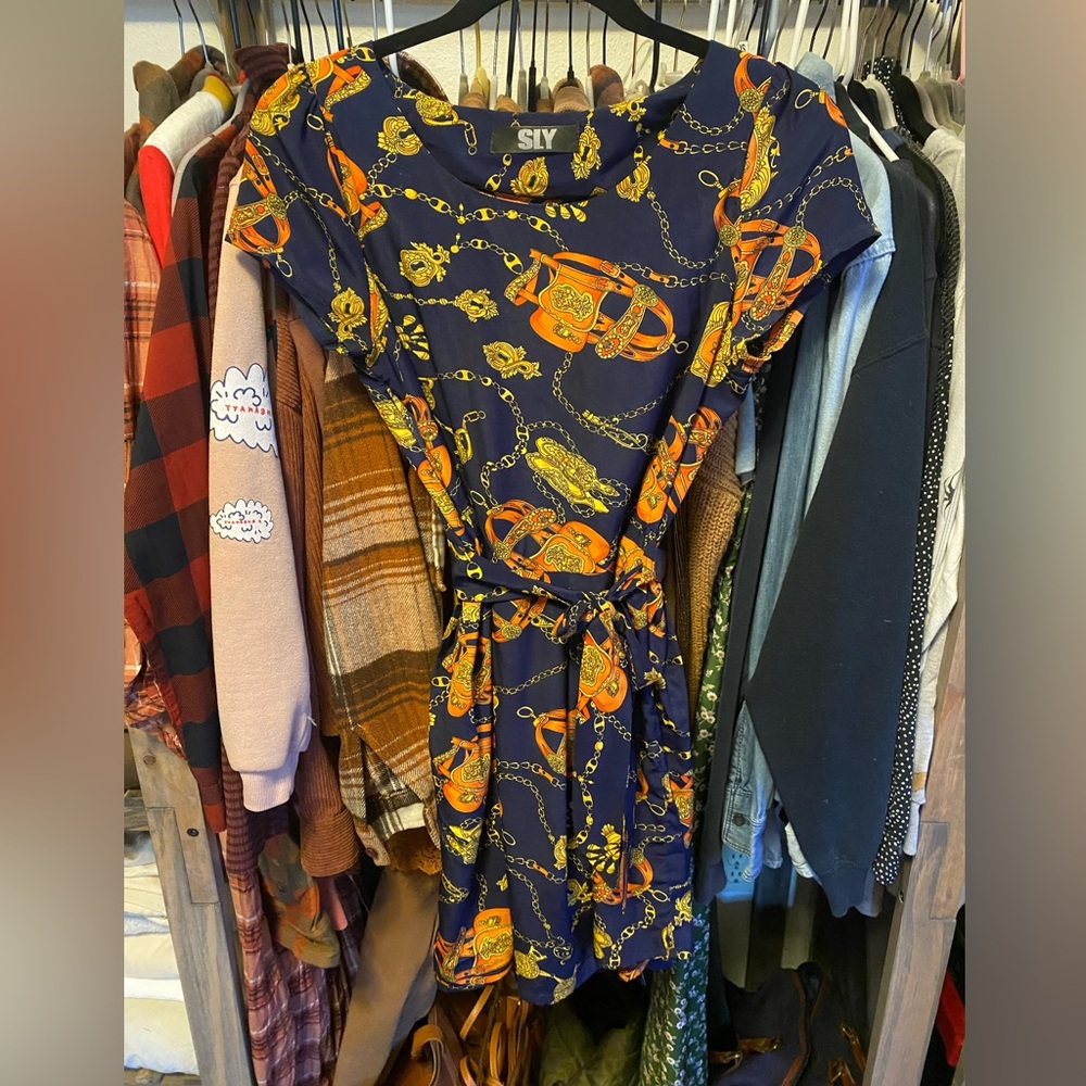 Rare Find! Western Buckle Print Satin Navy Skater Dress with Tie Waist Size S